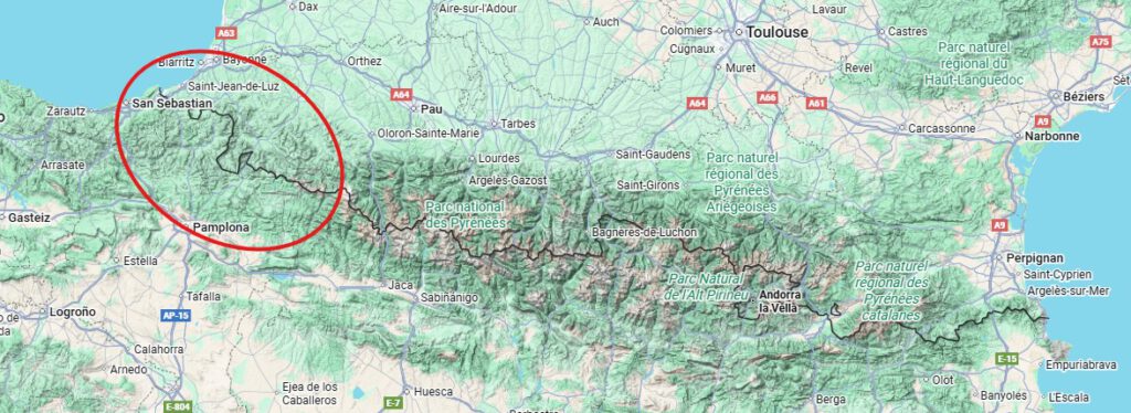 Western Pyrenees circled in red